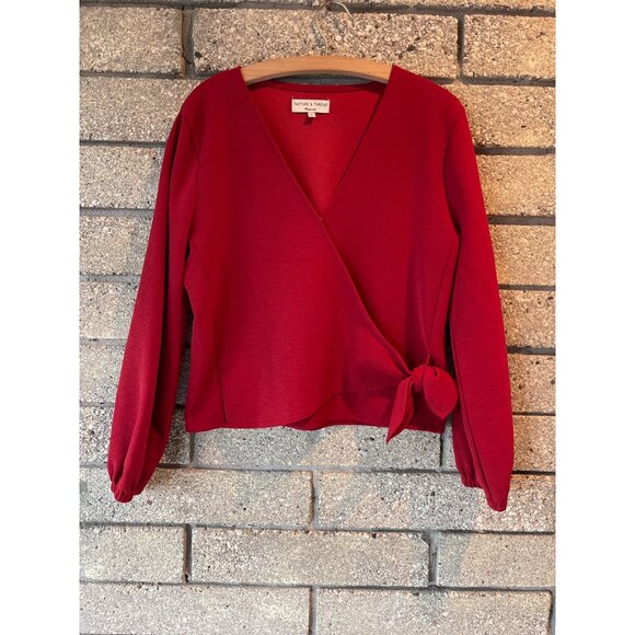 Madewell Texture & Thread Wrap Top M Red Long Sleeve Crepe Knit Womens Blouse Wi - Picture 1 of 8